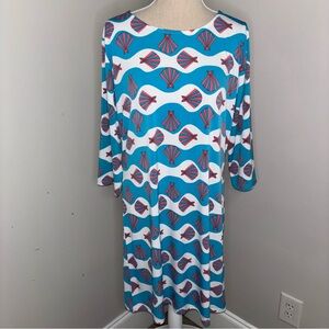 Tracy Negoshian aqua blue & coral seashell print shift 3/4 sleeve dress size XL